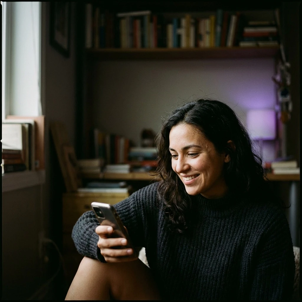 A Balkan learner smiling as she studies on her phone at home